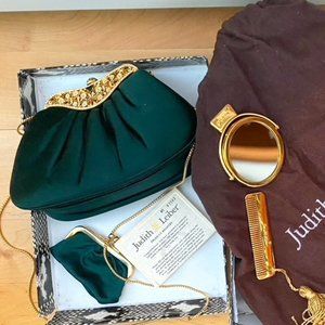 Vintage Judith Leiber handbag, emerald green with gold accents.
